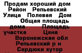 Продам хороший дом › Район ­ Репьевский › Улица ­ Полевая › Дом ­ 32 › Общая площадь дома ­ 90 › Площадь участка ­ 30 › Цена ­ 400 000 - Воронежская обл., Репьевский р-н, Сердюки хутор Недвижимость » Дома, коттеджи, дачи продажа   